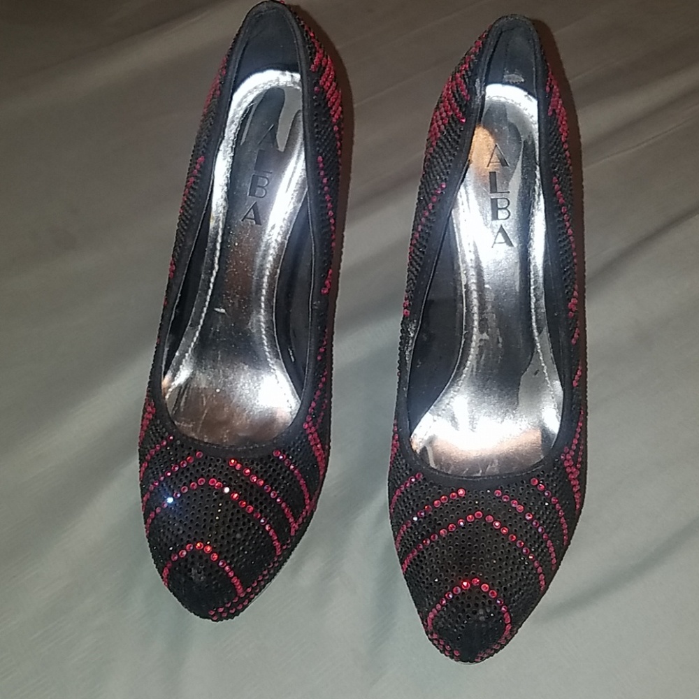Black and pink rhinestone heels
